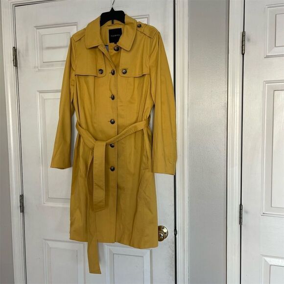 Talbots Women's Yellow Wool Blend Trench Coat Size L Double-Breasted - Picture 2 of 7